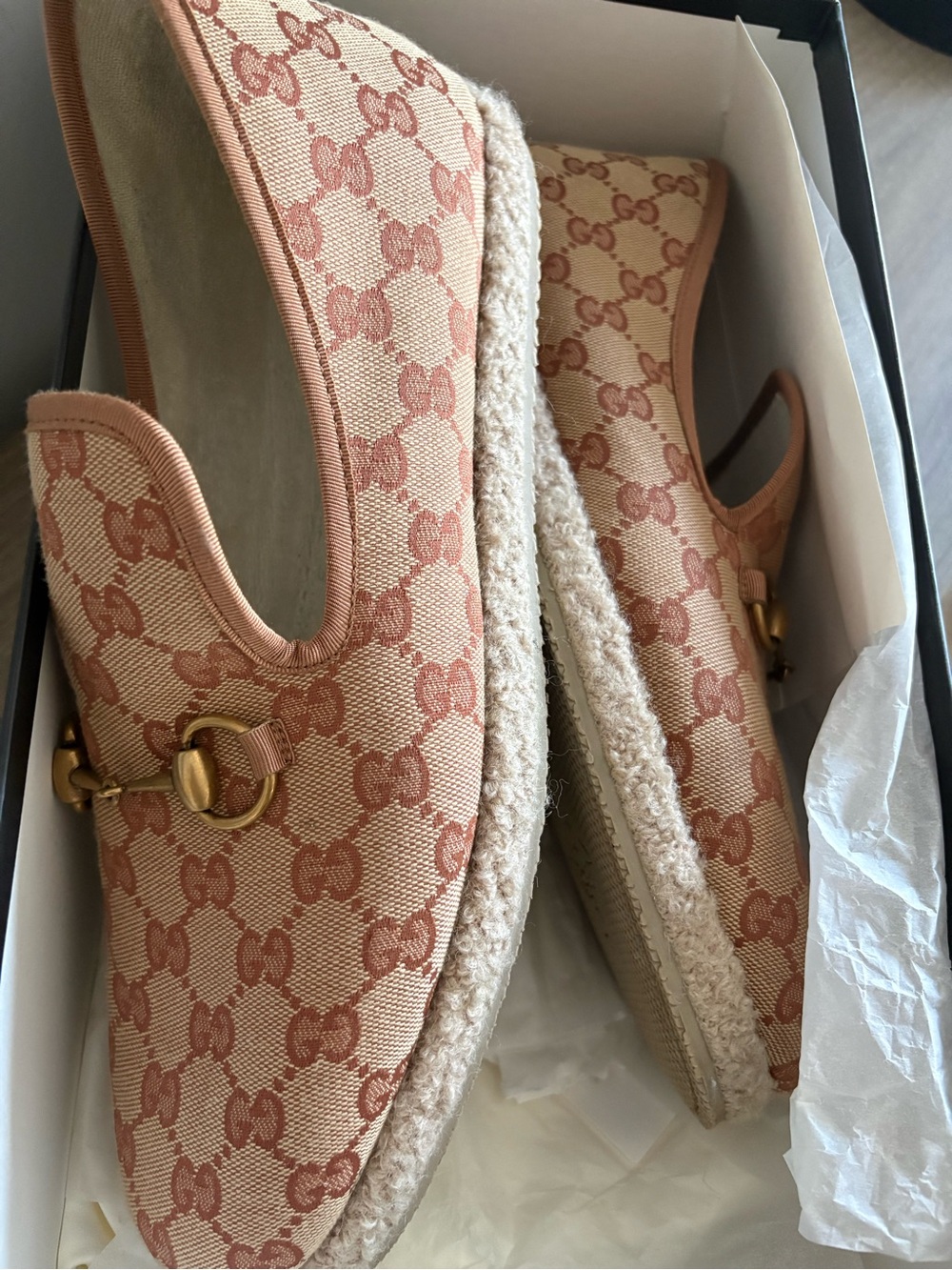 Gucci Pink & Tan GG Canvas Espadrille Loafers with Horsebit